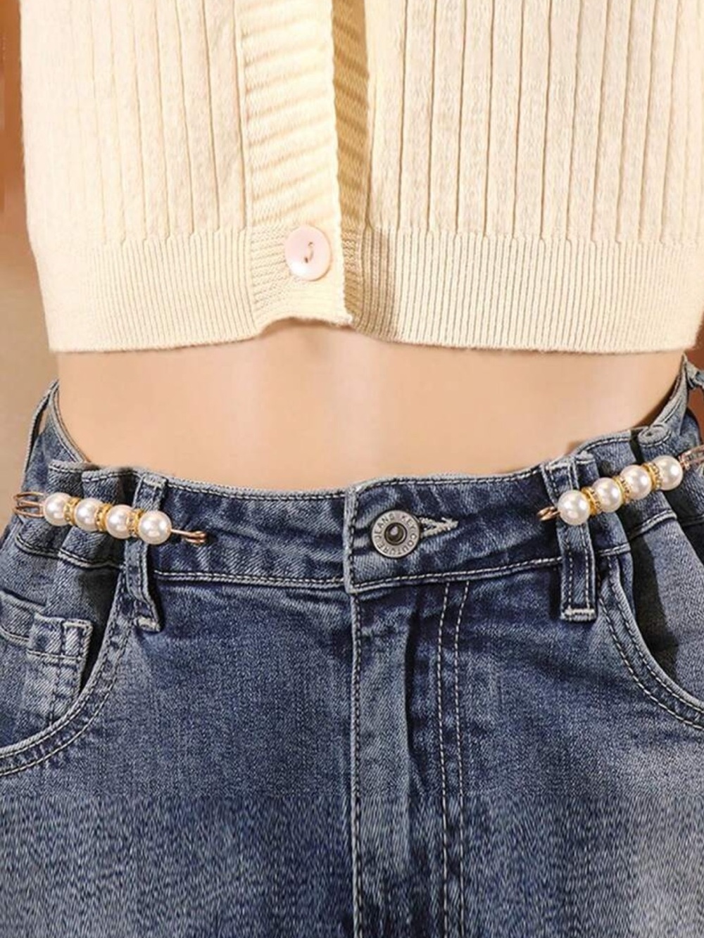 Gold Pearl Safety Pin Belt Charm Cream Pearls viral hack jeans accent - Picture 3 of 4